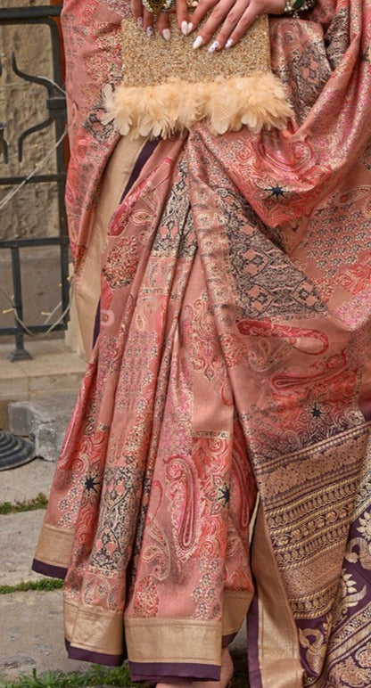 Coral Pink Woven Silk Saree