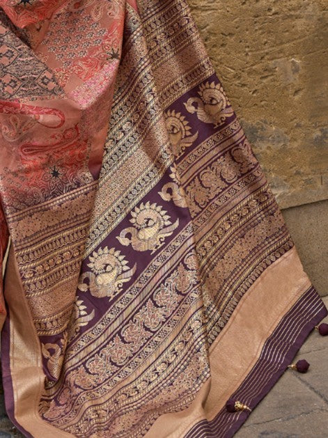 Coral Pink Woven Silk Saree