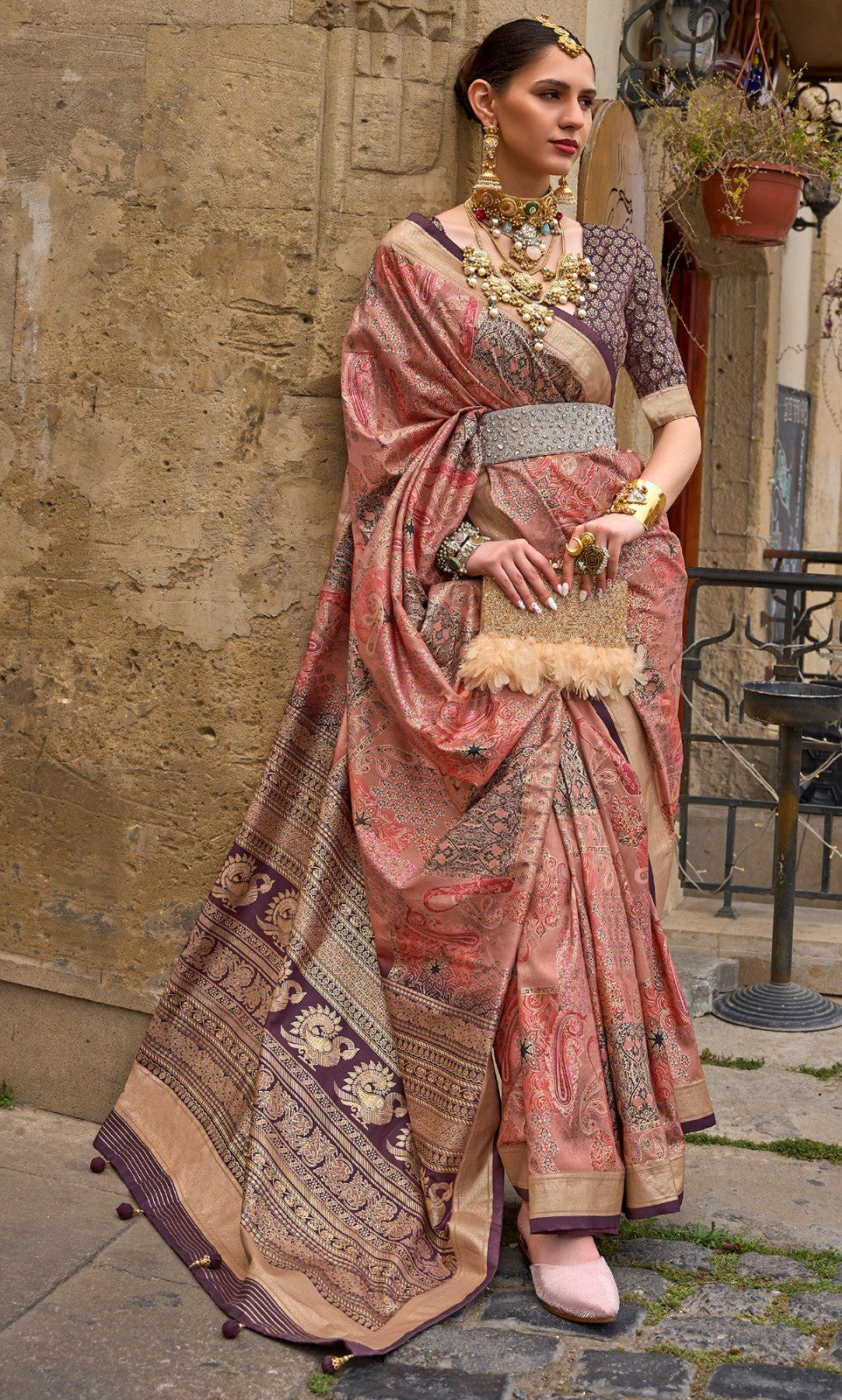 Coral Pink Woven Silk Saree