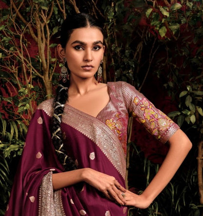 Dark Maroon Woven Banarasi Mulberry Silk Saree