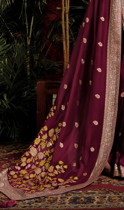 Dark Maroon Woven Banarasi Mulberry Silk Saree