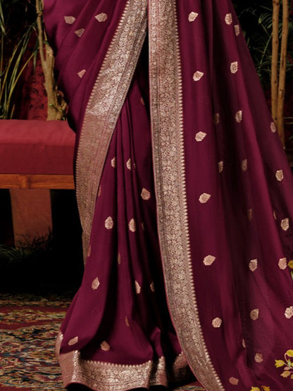 Dark Maroon Woven Banarasi Mulberry Silk Saree