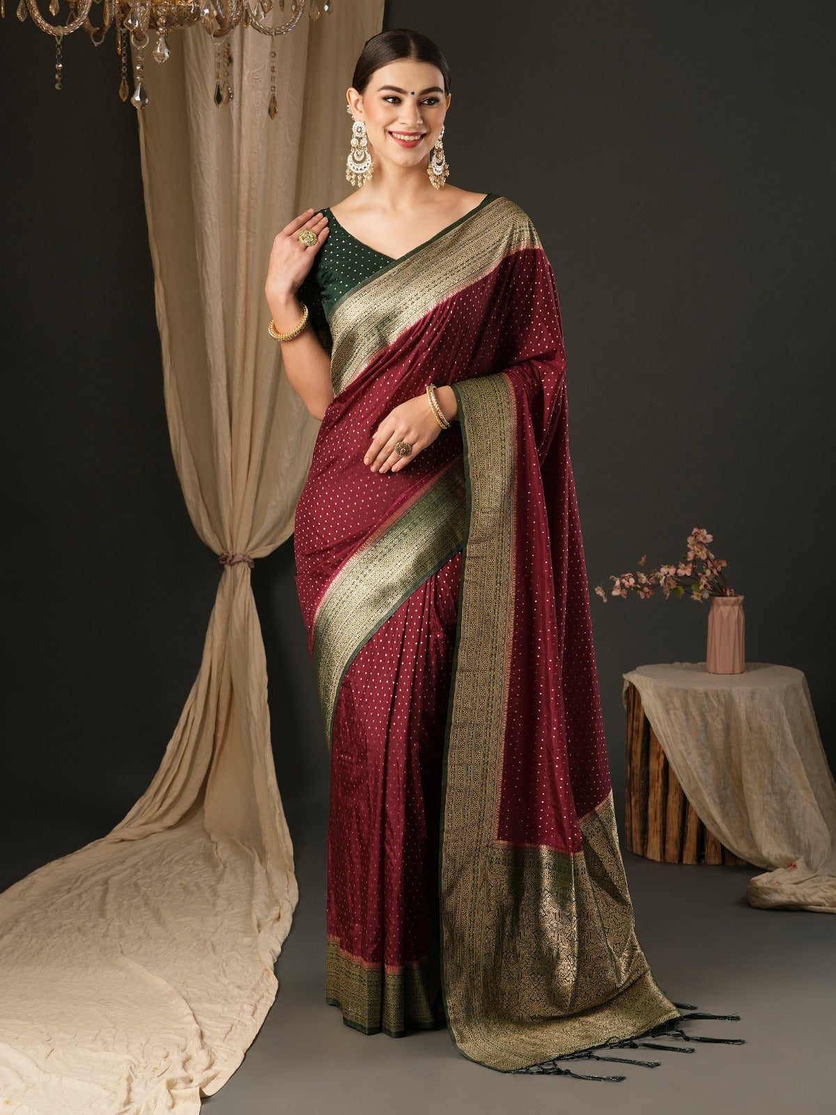 Dark Maroon Woven Banarasi Silk Saree