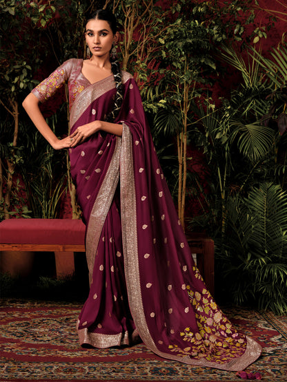 Dark Maroon Woven Banarasi Mulberry Silk Saree