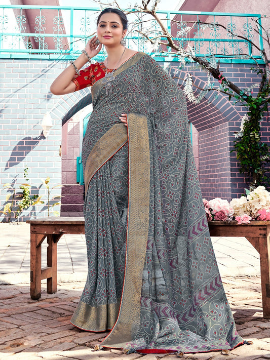 Fog Grey Bandhani Georgette Saree