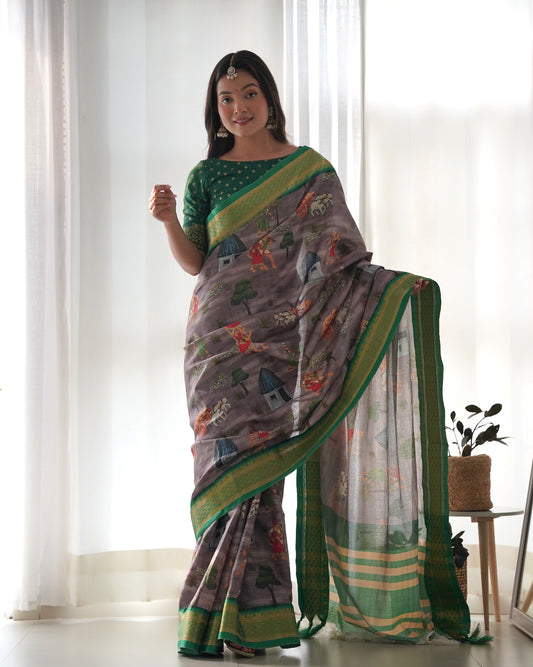 Graphite Grey Printed Silk Saree