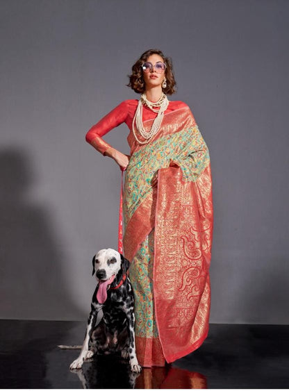 Green & Red Kashmiri Handloom Silk Saree