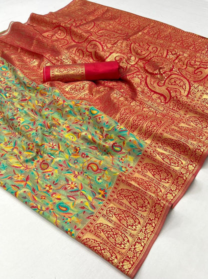 Green & Red Kashmiri Handloom Silk Saree