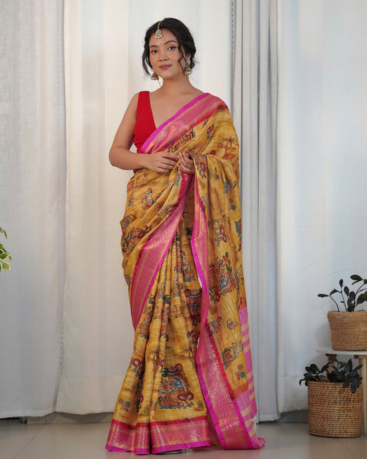 Honey Yellow Printed Silk Saree