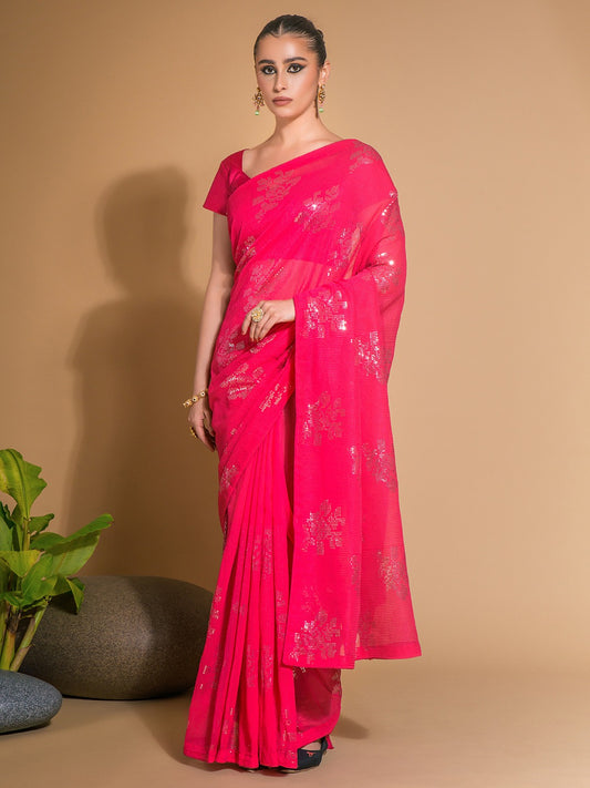 Hot Pink Georgette Saree