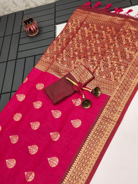 Hot Pink Premium Tussar Silk Saree