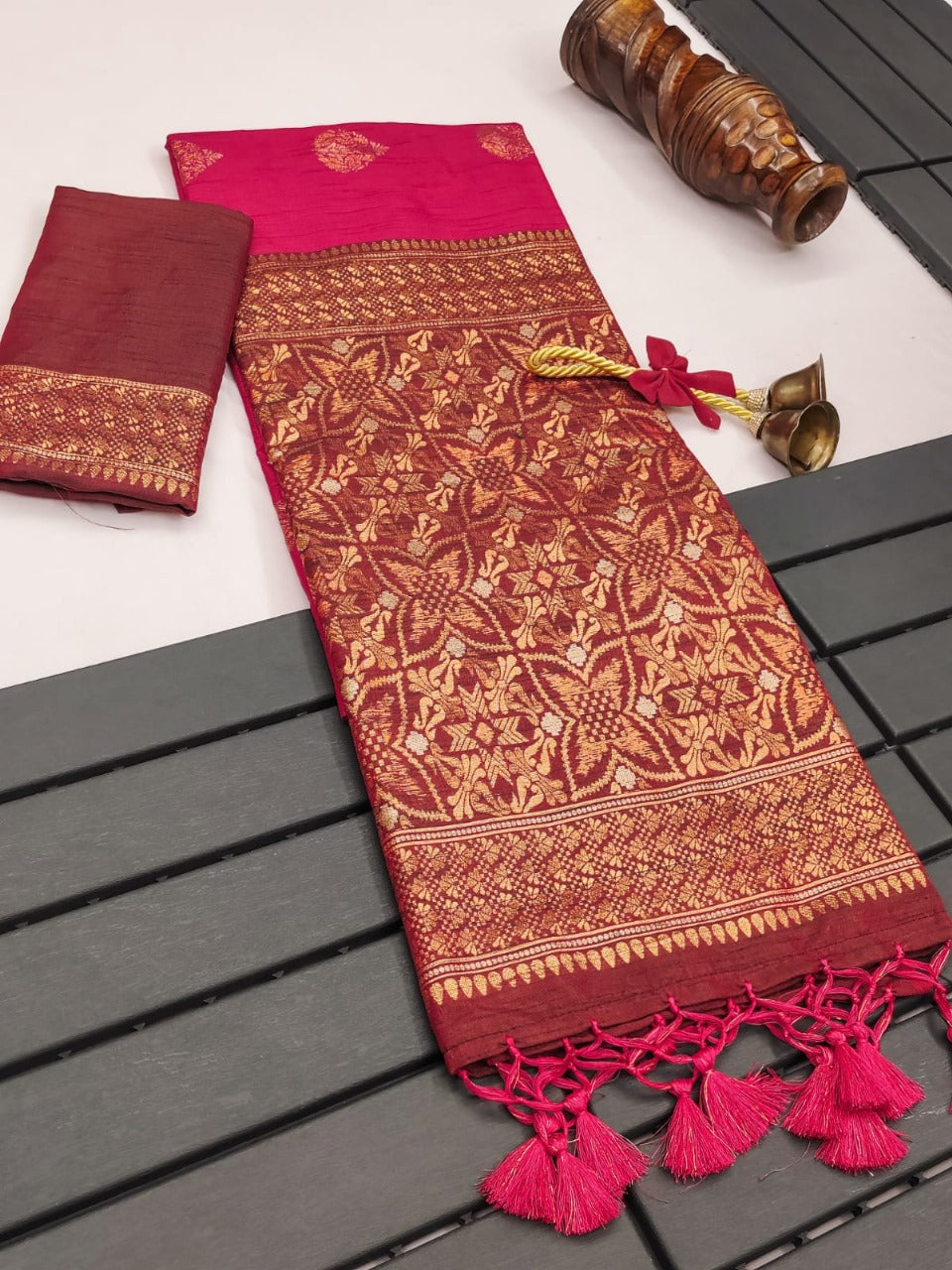 Hot Pink Premium Tussar Silk Saree