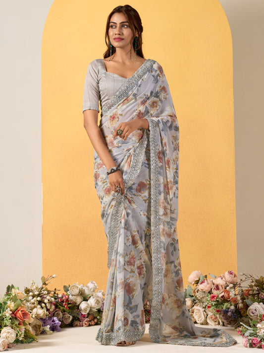 Lava Grey Georgette Saree