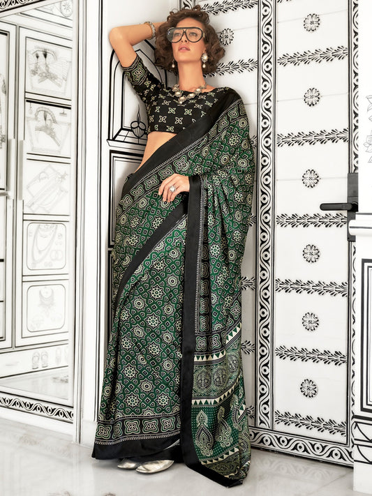 Leaf Green Printed Crepe Saree