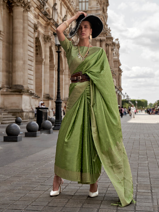 Lime Green Woven Banarasi Silk Saree