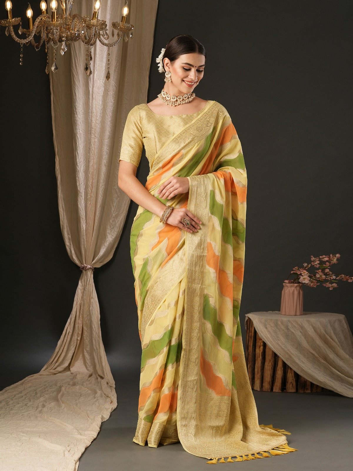 Lime Yellow Woven Banarasi Georgette Saree