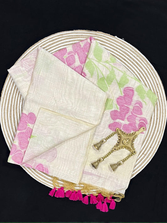 Linen White & Pink Premium Muga Cotton Saree