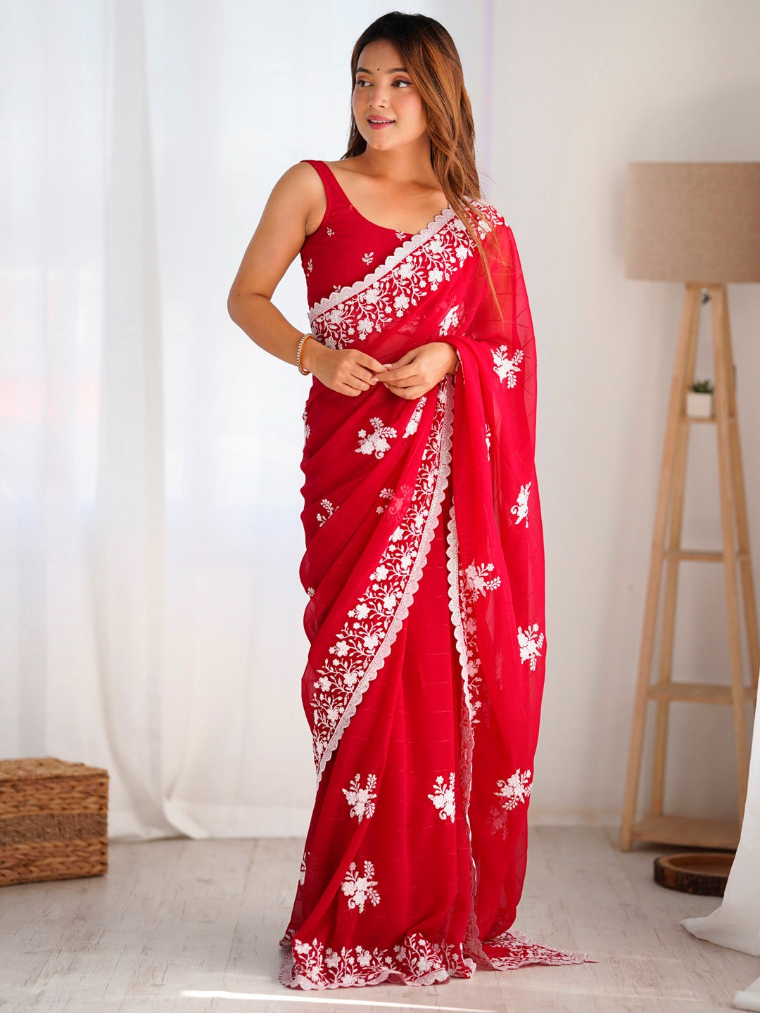 Lipstick Red Sequins Georgette Saree