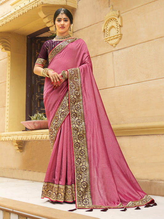 Lotus Pink Vichitra Silk Silk Saree