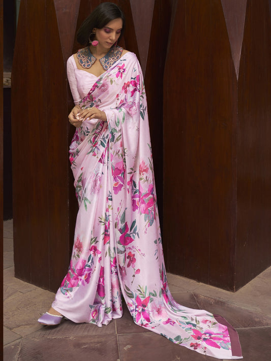 Lotus Pink Printed satin Silk Saree