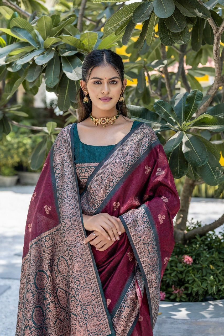 Mahroon Soft Banarasi Raw Silk Saree