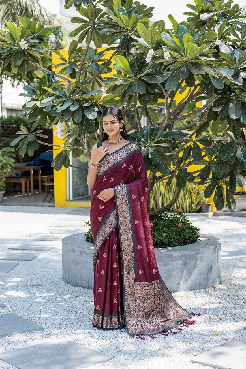 Mahroon Soft Banarasi Raw Silk Saree