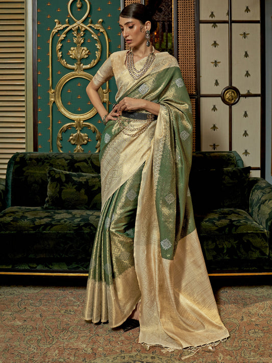 Maize Green Woven Banarasi Silk Saree