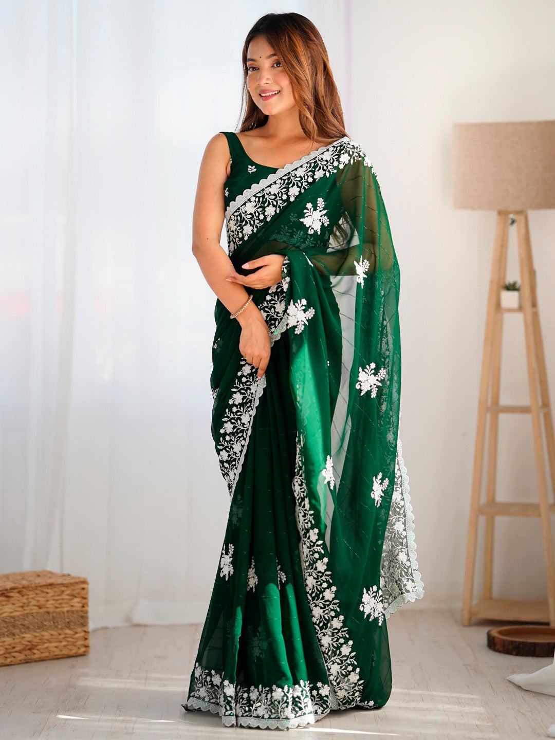 Mango Green Sequins Georgette Saree