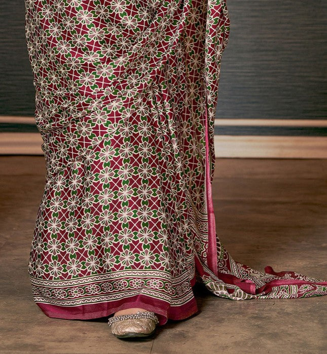 Maroon Ajrak Crepe Saree