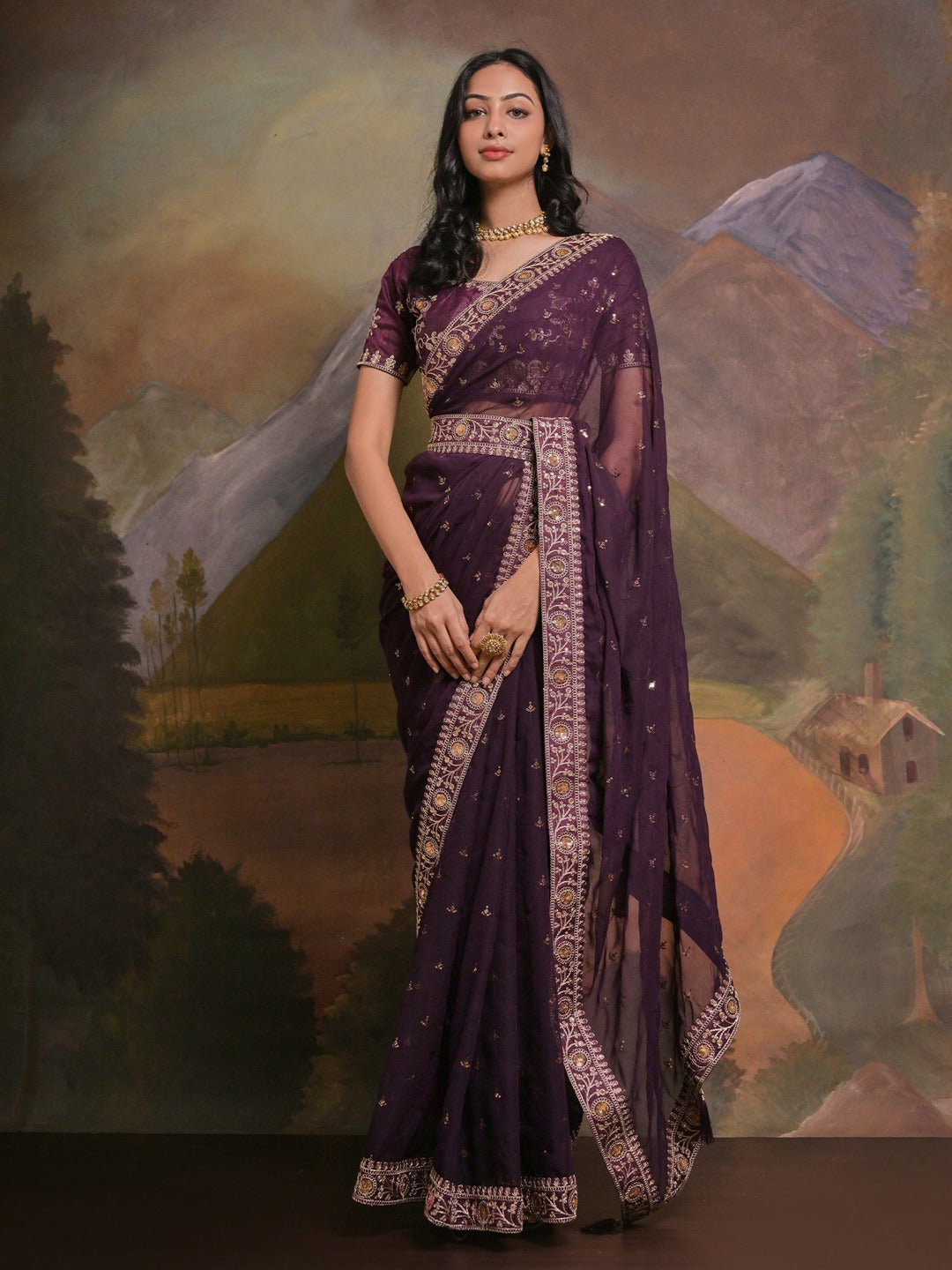 Plum Maroon Georgette Saree