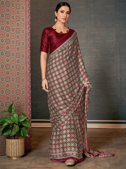 Maroon Ajrak Crepe Saree