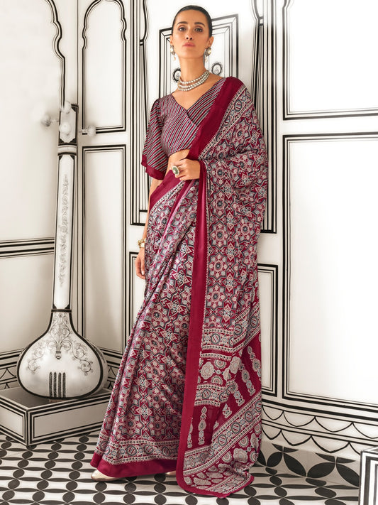 Maroon Printed Crepe Saree