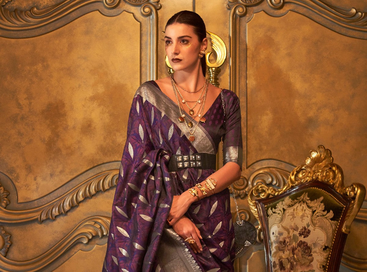 Mulberry Violet Woven Banarasi Silk Saree