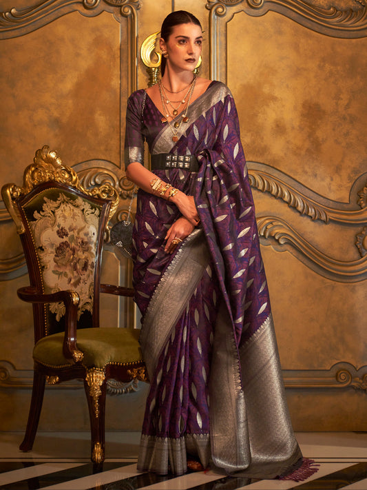 Mulberry Violet Woven Banarasi Silk Saree