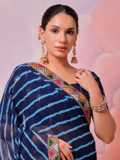 Navy Blue Leheriya Georgette Saree