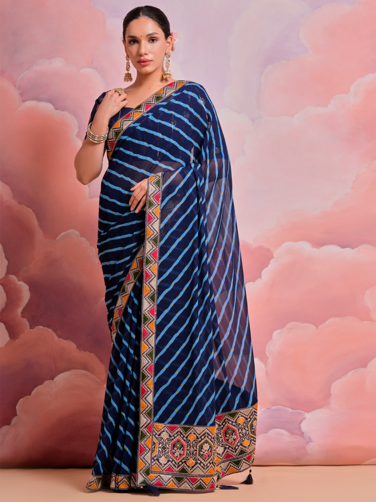 Navy Blue Leheriya Georgette Saree