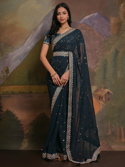 Ocean Blue Georgette Saree