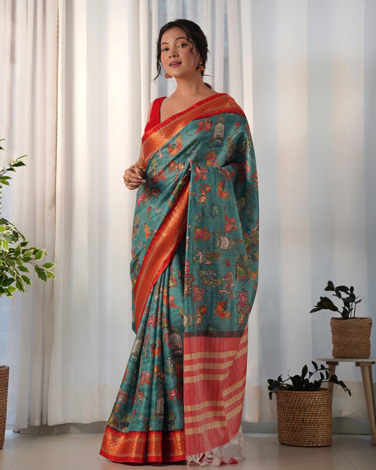 Ocean Blue Printed Silk Saree