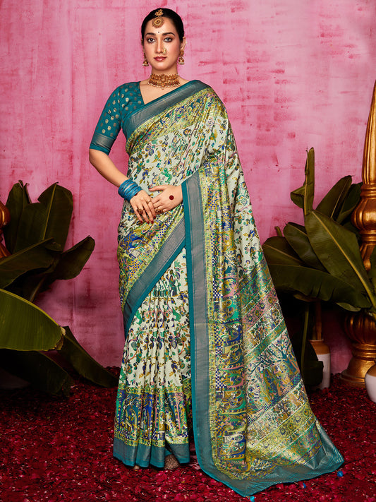 Ocean Green Tussar Silk Sungudi Saree