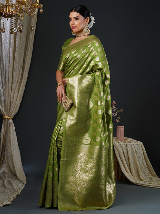 Olive Green Woven Banarasi Silk Saree