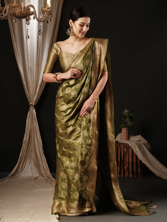 Olive Green Woven Banarasi Satin Silk Saree