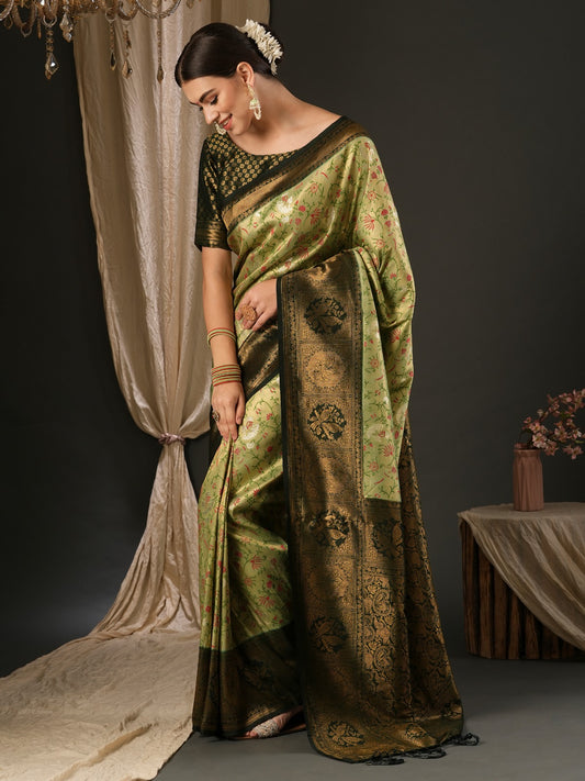 Olive Green Woven Banarasi Silk Saree