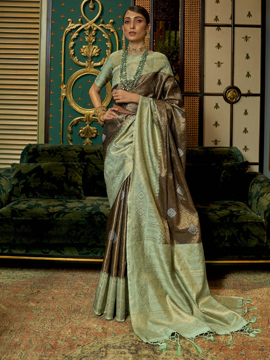 Olive Green Woven Banarasi Silk Saree