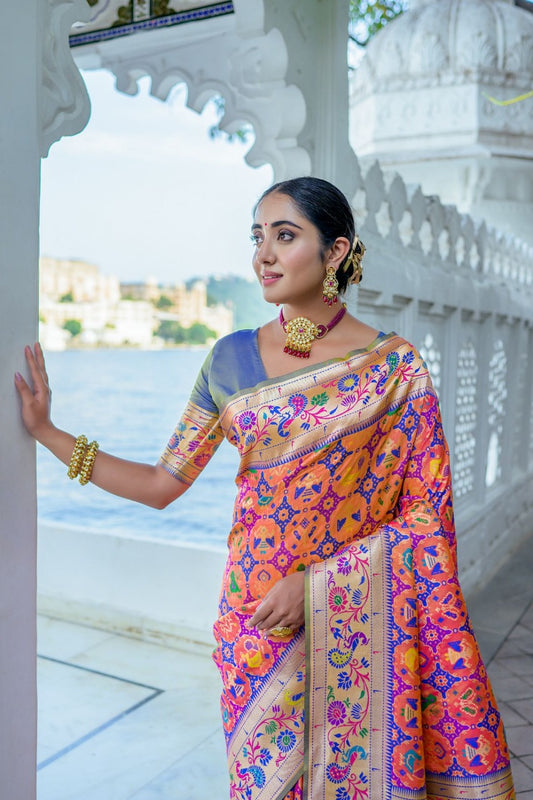 Orange & Pink Soft Paithani Silk Saree