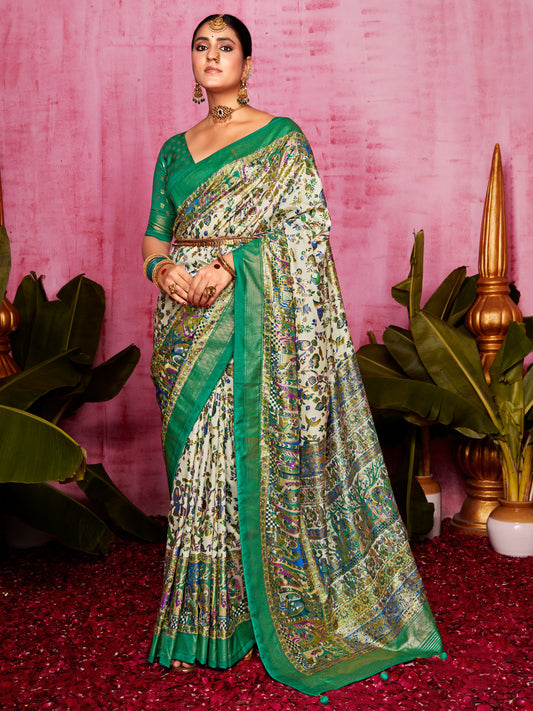 Parrot Green Tussar Silk Sungudi Saree