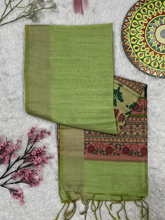 Parrot Green Premium Tussar Silk Saree