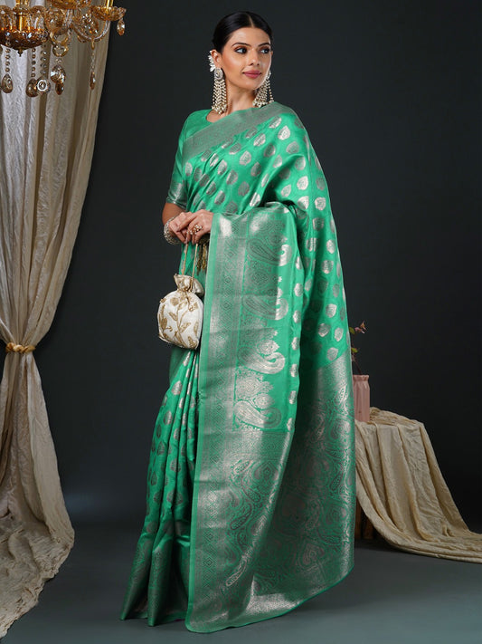 Parrot Green Woven Banarasi Silk Saree