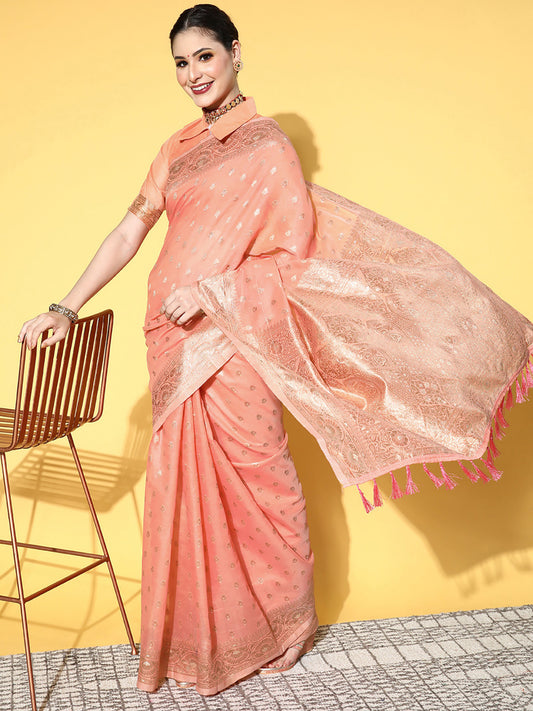 Peach Orange Woven Banarasi Saree