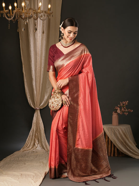 Peach Pink Woven Banarasi Silk Saree