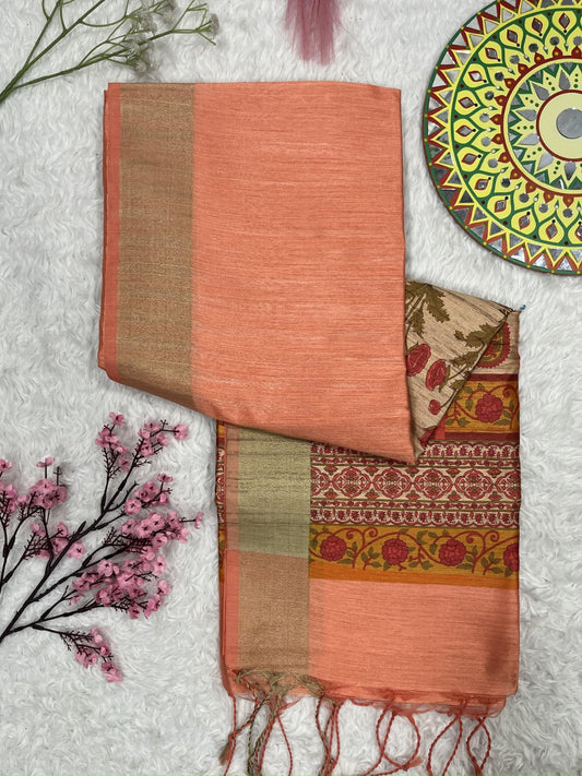 Peach Pink Premium Tussar Silk Saree